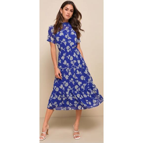 Lulus Floral Dressed Up Royal Blue Floral Print Midi Dress - Picture 6 of 6